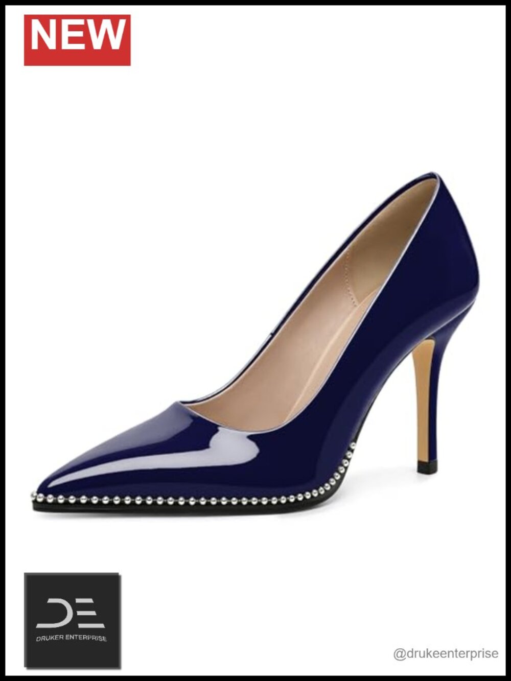 Women's Pointed Toe Stiletto Heels Beaded Patent Leather Dress Pumps 3.5 Inch